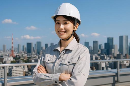 作業着を着た女性 作業着を着た女性の写真