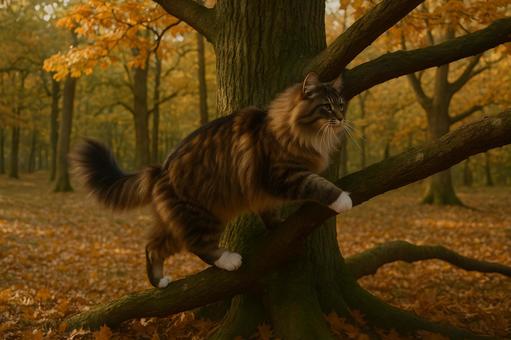 秋の樹上を歩く猫の写真