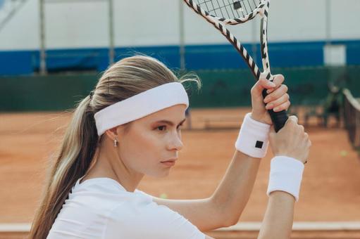 テニスラケットを構えた女性 女性,外国人,テニスの写真素材