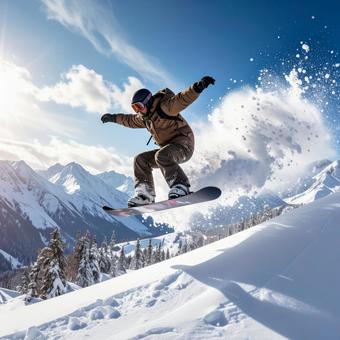 雪原でスノーボーダーがジャンプする瞬間 雪原でスノーボーダーがジャンプする瞬間の写真
