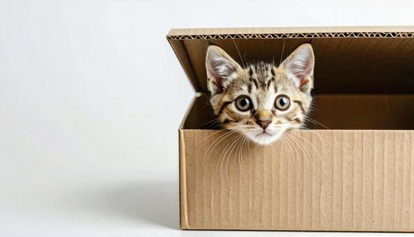 ダンボール箱から顔を出す子猫 ダンボール箱から顔を出す子猫の写真