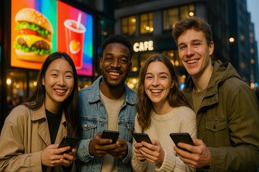 スマホ片手の笑顔の友達 スマホ片手の笑顔の友達の写真