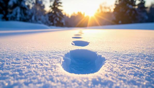 雪原に続く足跡と朝日 雪原に続く足跡と朝日の写真