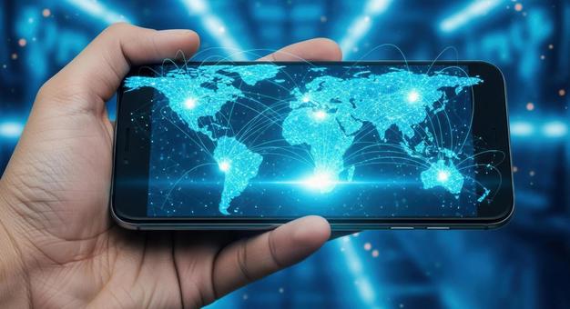 スマートフォンに映るデジタル世界地図 スマートフォンに映るデジタル世界地図の写真