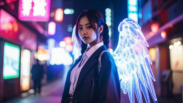 こちらを見る光る翼を持った若い女性2 こちらを見る光る翼を持った若い女性2の写真