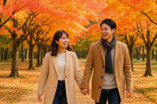 紅葉公園を歩く二人 紅葉公園を歩く二人の写真