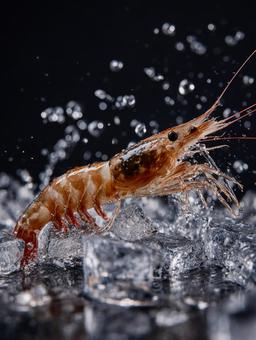 氷と水しぶきが舞う新鮮なエビの写真