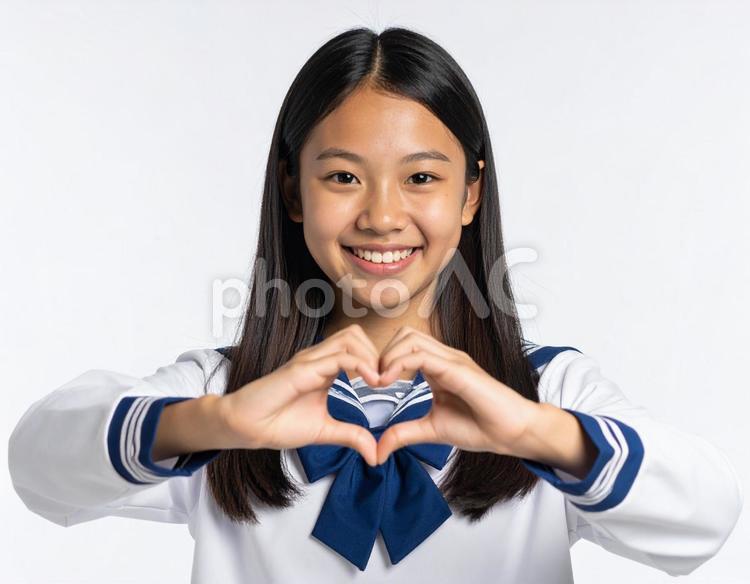 手でハートマークを作る女子生徒 女性,ハートマーク,女の子の写真素材
