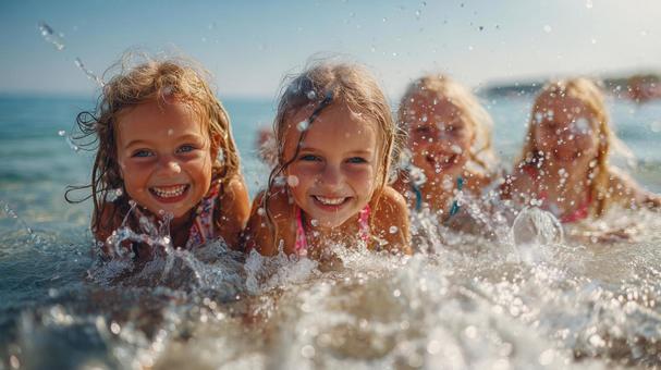 海で遊ぶ笑顔の子供たち 海で遊ぶ笑顔の子供たちの写真