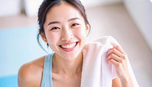 汗を拭く女性 汗を拭く女性の写真