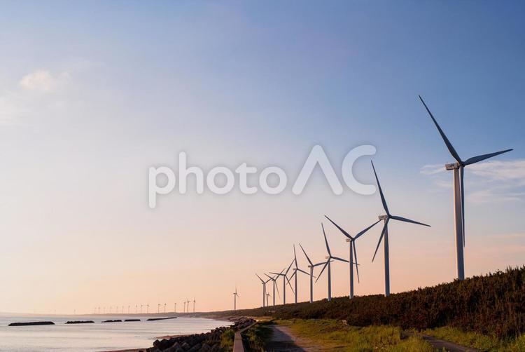 海岸に立ち並ぶ風車 風車,電力,エネルギーの写真素材