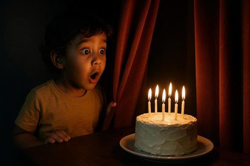 ろうそくに驚く誕生日少年 ろうそくに驚く誕生日少年の写真