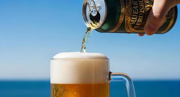 夏空の下 缶ビールをジョッキに注ぐ瞬間 夏空の下 缶ビールをジョッキに注ぐ瞬間の写真