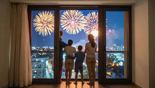 マンションの窓辺から打花火を見上げる家族 マンションの窓辺から打花火を見上げる家族の写真