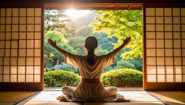 明るい部屋でリラックスしたポーズの女性の写真
