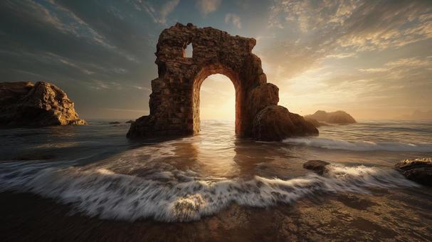 波間に佇む幻想的な遺跡の門 波間に佇む幻想的な遺跡の門の写真
