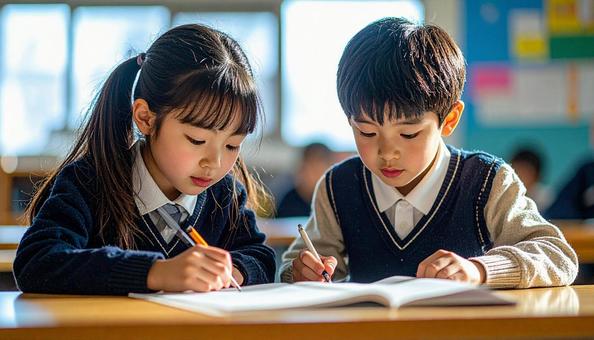 学校の教室で勉強している小学生2人 学校の教室で勉強している小学生2人 の写真