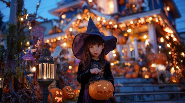 ハロウィンの仮装の女の子と飾りつけ ハロウィンの仮装の女の子と飾りつけの写真