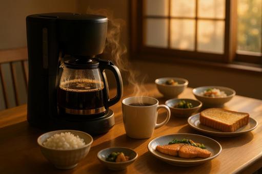 コーヒーメーカーと朝の食卓 コーヒーメーカーと朝の食卓の写真