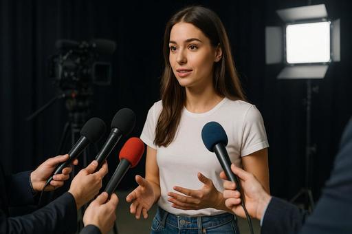 マイクに囲まれる人物 マイクに囲まれる人物の写真