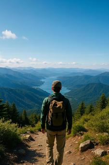 絶景を眺める登山客の後ろ姿 絶景を眺める登山客の後ろ姿の写真