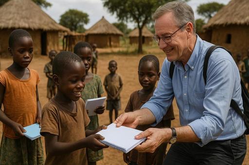 笑顔広がるノート配布の写真