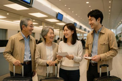 チェックインカウンターで並ぶ日本人家族 チェックインカウンターで並ぶ日本人家族の写真