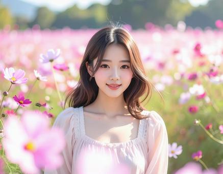 コスモスの花に囲まれて コスモスの花に囲まれての写真