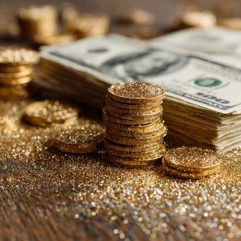 金貨と現金で表す資産と貯蓄の背景の写真