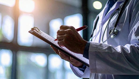 チェックリストに赤ペンでチェックする医師 チェックリストに赤ペンでチェックする医師の写真