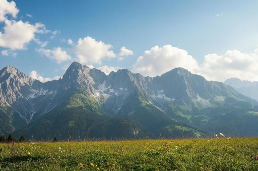 アルプス山脈と草原 アルプス山脈と草原の写真