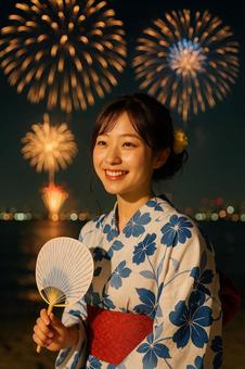花火大会を楽しみ女性 花火大会を楽しみ女性の写真
