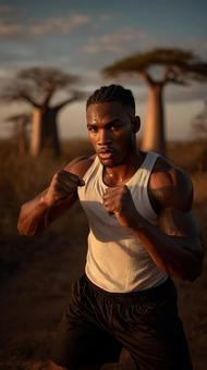 屋外でトレーニングに励む屈強なボクサー 屋外でトレーニングに励む屈強なボクサーの写真