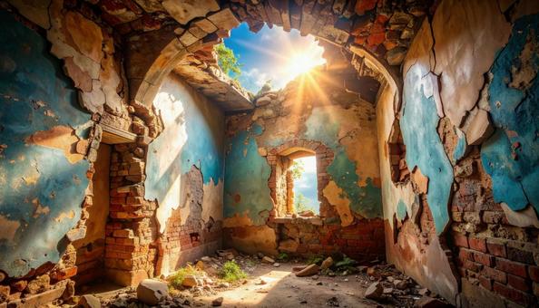 ヒビ割れた壁の洋風建物の室内写真 ヒビ割れた壁の洋風建物の室内写真の写真