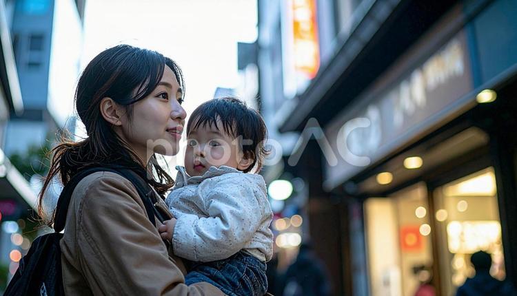 子供を抱っこして歩くシングルマザー シングルマザー,キャリアウーマン,保育園一時預かりの写真素材
