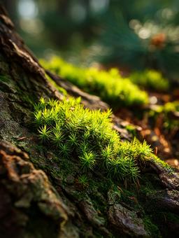 しっとりとした木に生い茂る美しい苔 しっとりとした木に生い茂る美しい苔の写真