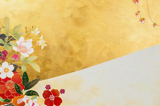 金色の和風背景と花模様のデザイン 金色の和風背景と花模様のデザイン 桜,梅,花の写真素材
