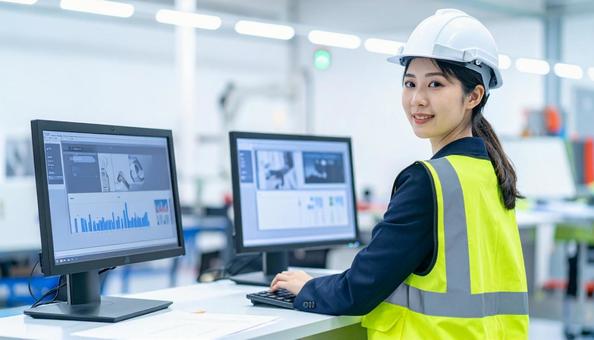 工場の三次元測定機を使う作業服の女性 工場の三次元測定機を使う作業服の女性の写真