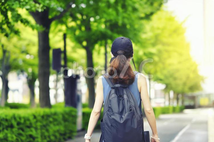 歩く女性の後ろ姿と緑の風景 女性,歩く,旅の写真素材