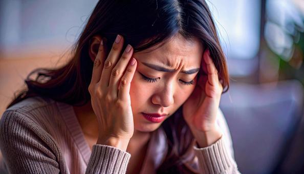 頭を抱えて落ち込む日本人女性 頭を抱えて落ち込む日本人女性の写真