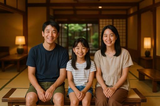 宿ロビーでくつろぐ家族 宿ロビーでくつろぐ家族の写真