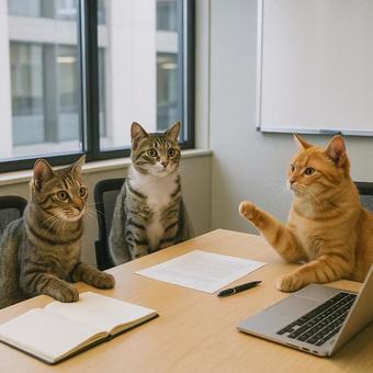 ミーティングをする猫たち ミーティングをする猫たちの写真