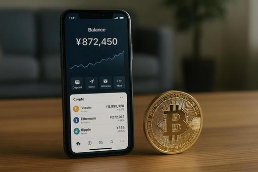 スマホ画面とビットコイン スマホ画面とビットコインの写真
