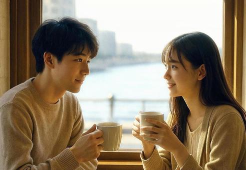 初々しいカップル 見つめあう男女 初々しいカップル 見つめあう男女の写真