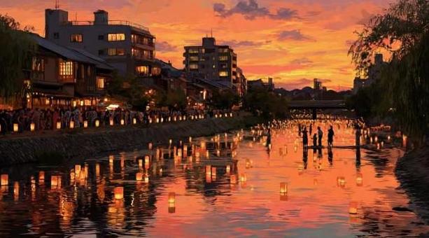 灯籠流しの夕暮れ 灯籠流しの夕暮れの写真