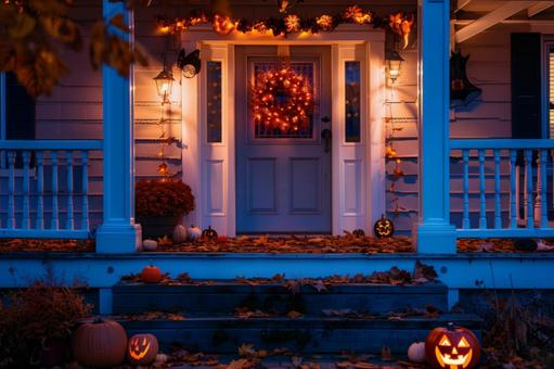 夕暮れの玄関に灯るハロウィン装飾 夕暮れの玄関に灯るハロウィン装飾の写真