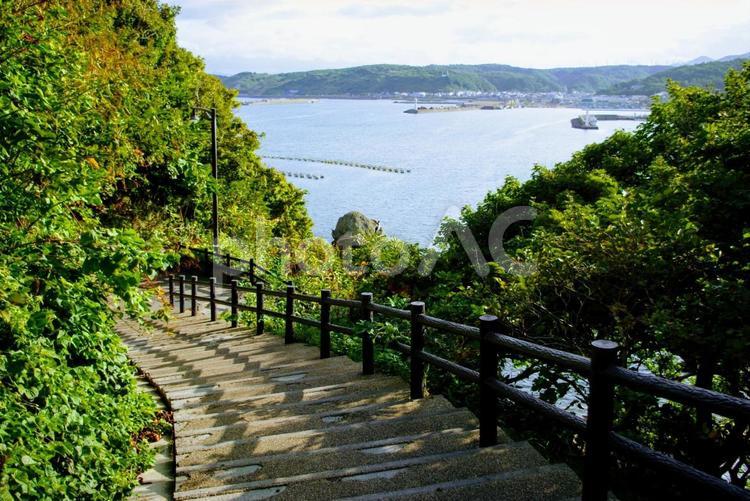 山を下りる階段から望む海と対岸の町 階段,山,緑の写真素材