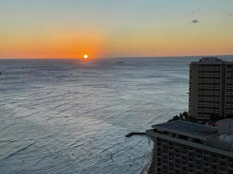 ワイキキのサンセット2 ハワイ,ワイキキ,風景の写真素材