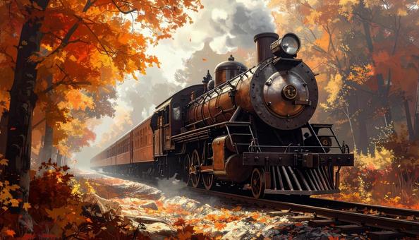 秋の紅葉とスチームパンクな列車 秋の紅葉とスチームパンクな列車の写真