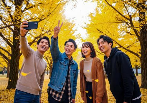 秋のイチョウ並木でセルフィーを撮る若者 秋のイチョウ並木でセルフィーを撮る若者の写真